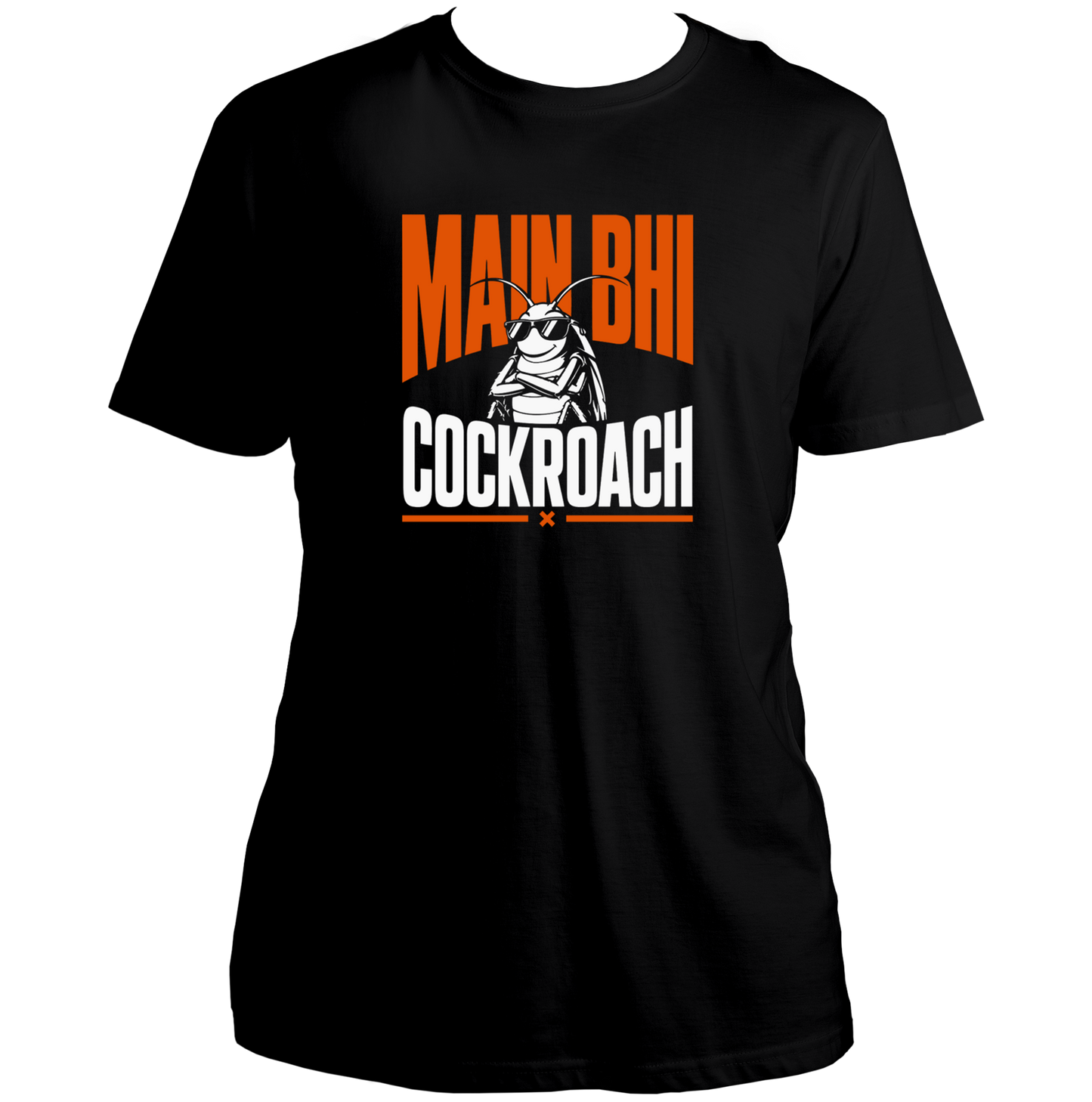 Main Bhi Cockroach black unisex T-shirt with bold orange and white cockroach graphic by Garrari