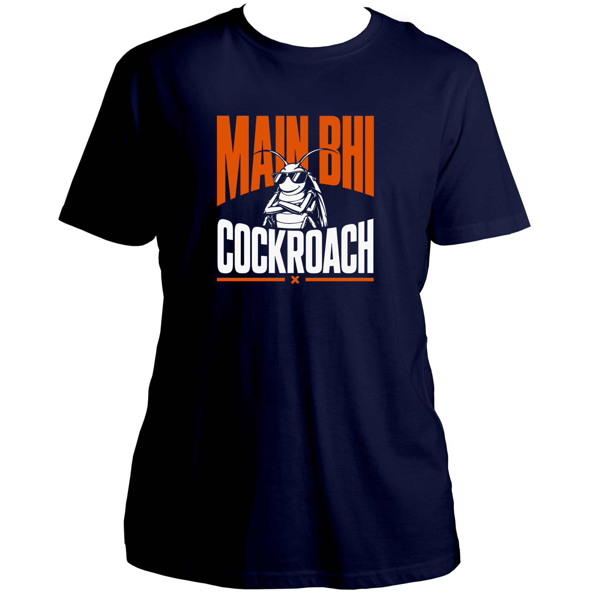 Main Bhi Cockroach navy blue unisex T-shirt with orange and white cockroach graphic by Garrari