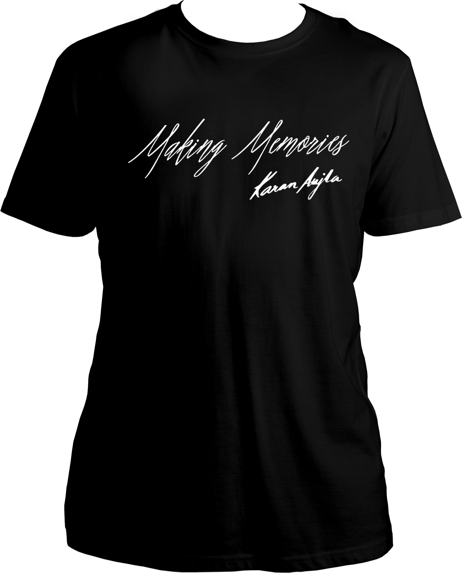 Front view of the Making Memories Karan Aujla T-Shirt featuring the album title and signature in bold design.