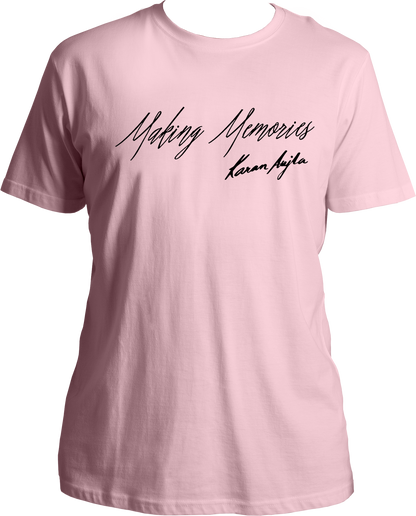 Front view of the Making Memories Karan Aujla T-Shirt featuring the album title and signature in bold design.