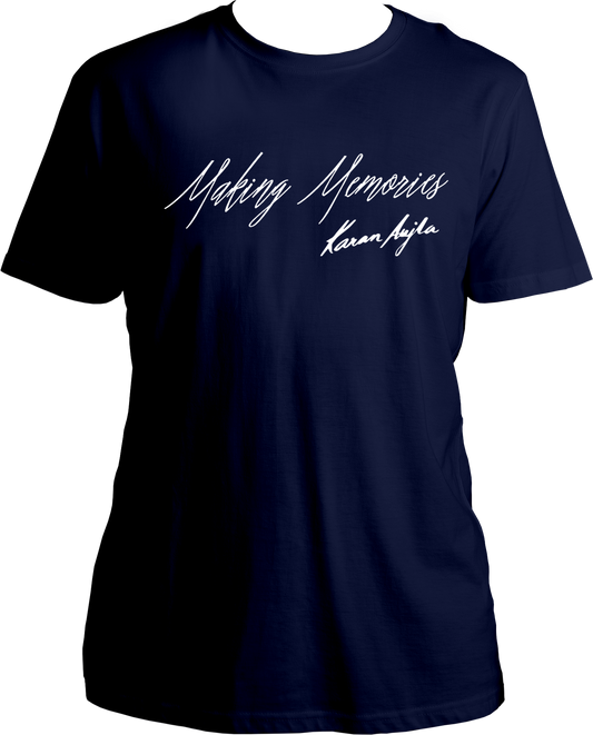 Front view of the Making Memories Karan Aujla T-Shirt featuring the album title and signature in bold design.