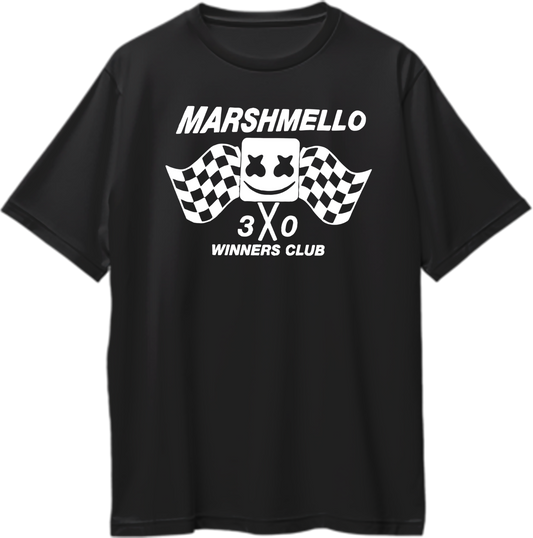 Front view of Marshmello Winners Club Oversized Unisex T-Shirt featuring bold Marshmello graphic.