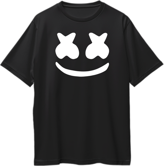 Front view of Marshmello Oversized Unisex T-Shirt with Marshmello graphic design.