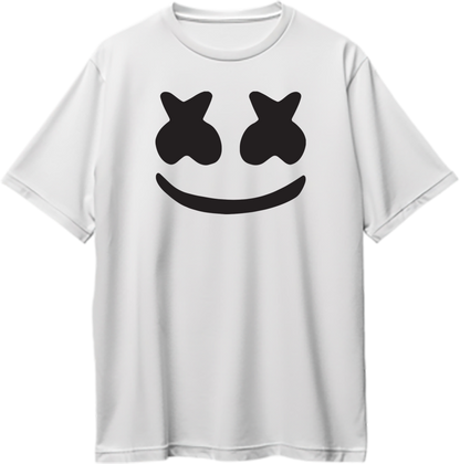 Front view of Marshmello Oversized Unisex T-Shirt with Marshmello graphic design.