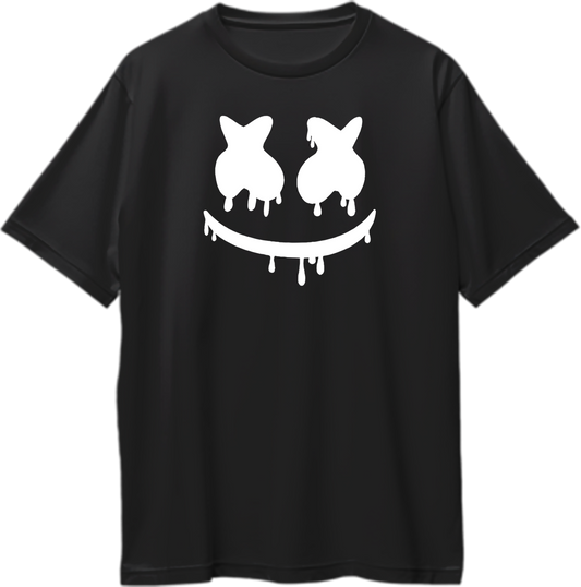 Front view of Mello Drip Oversized Unisex T-Shirt featuring Marshmello-inspired graphic design.