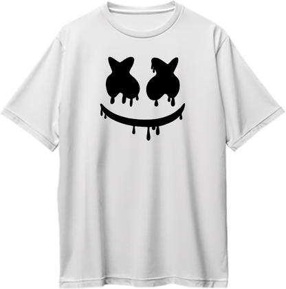 Front view of Mello Drip Oversized Unisex T-Shirt featuring Marshmello-inspired graphic design.