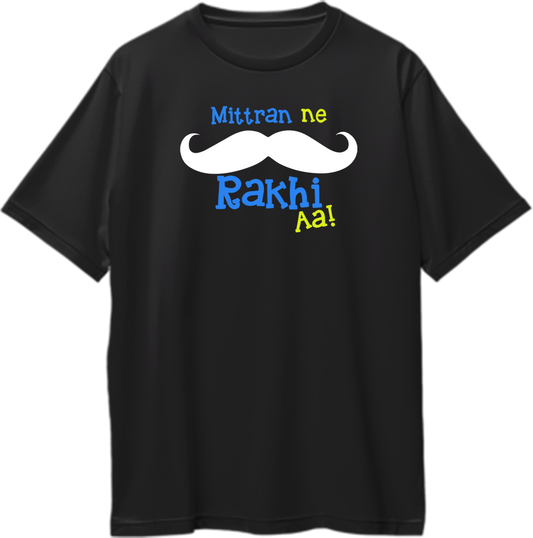 Black Mittran Ne Muchch Rakhi Aa Oversized T-Shirt with Punjabi moustache graphic by Garrari