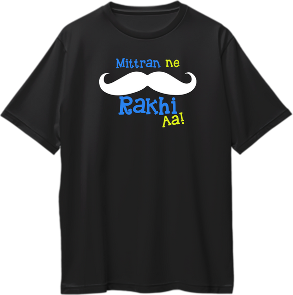 Black Mittran Ne Muchch Rakhi Aa Oversized T-Shirt with Punjabi moustache graphic by Garrari