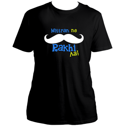 Black Mittran Ne Muchch Rakhi Aa Unisex T-Shirt with Punjabi moustache print by Garrari