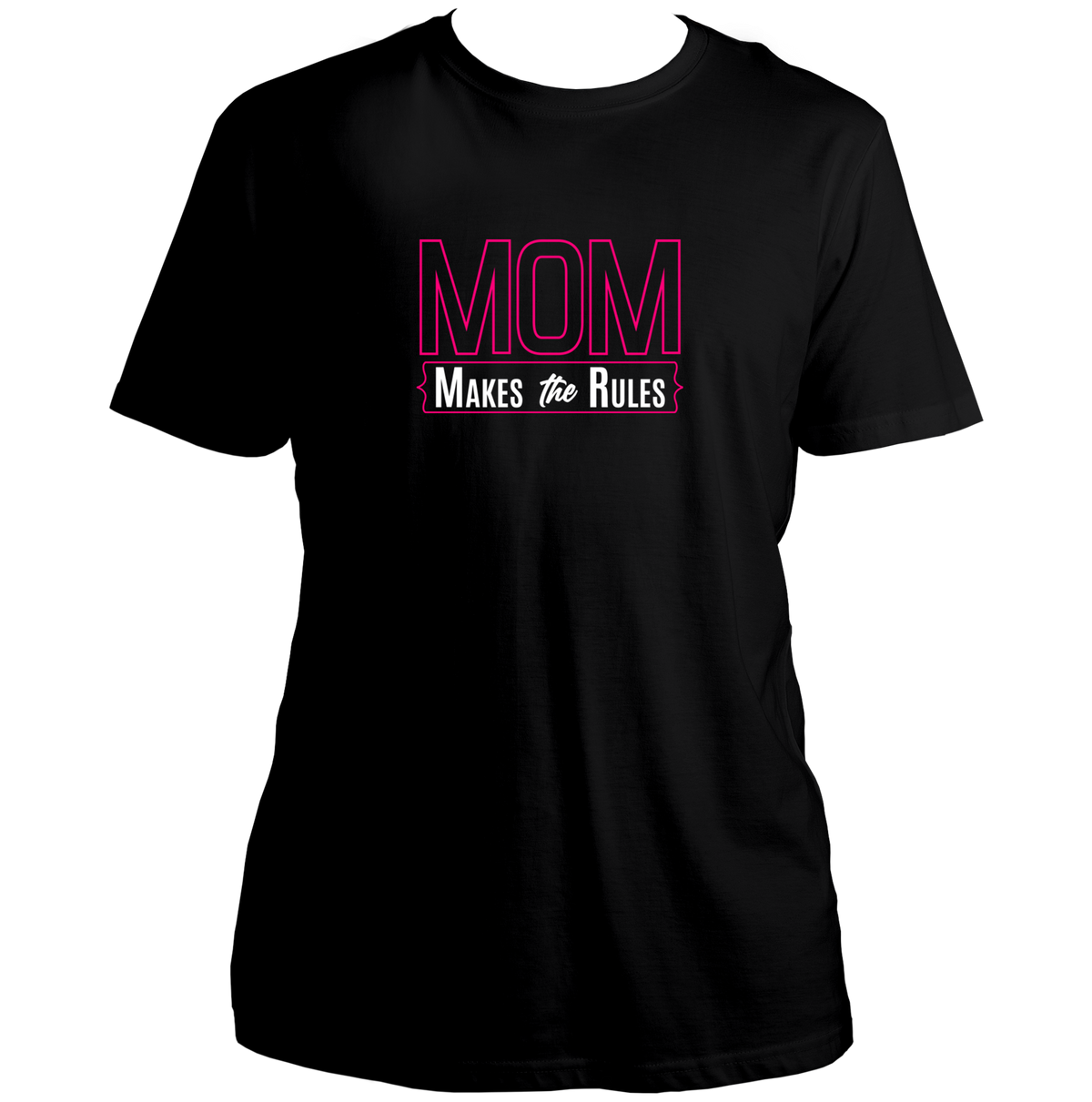 Black Mom Makes The Rules Unisex T-Shirt by Garrari with pink and white Mom Makes The Rules print