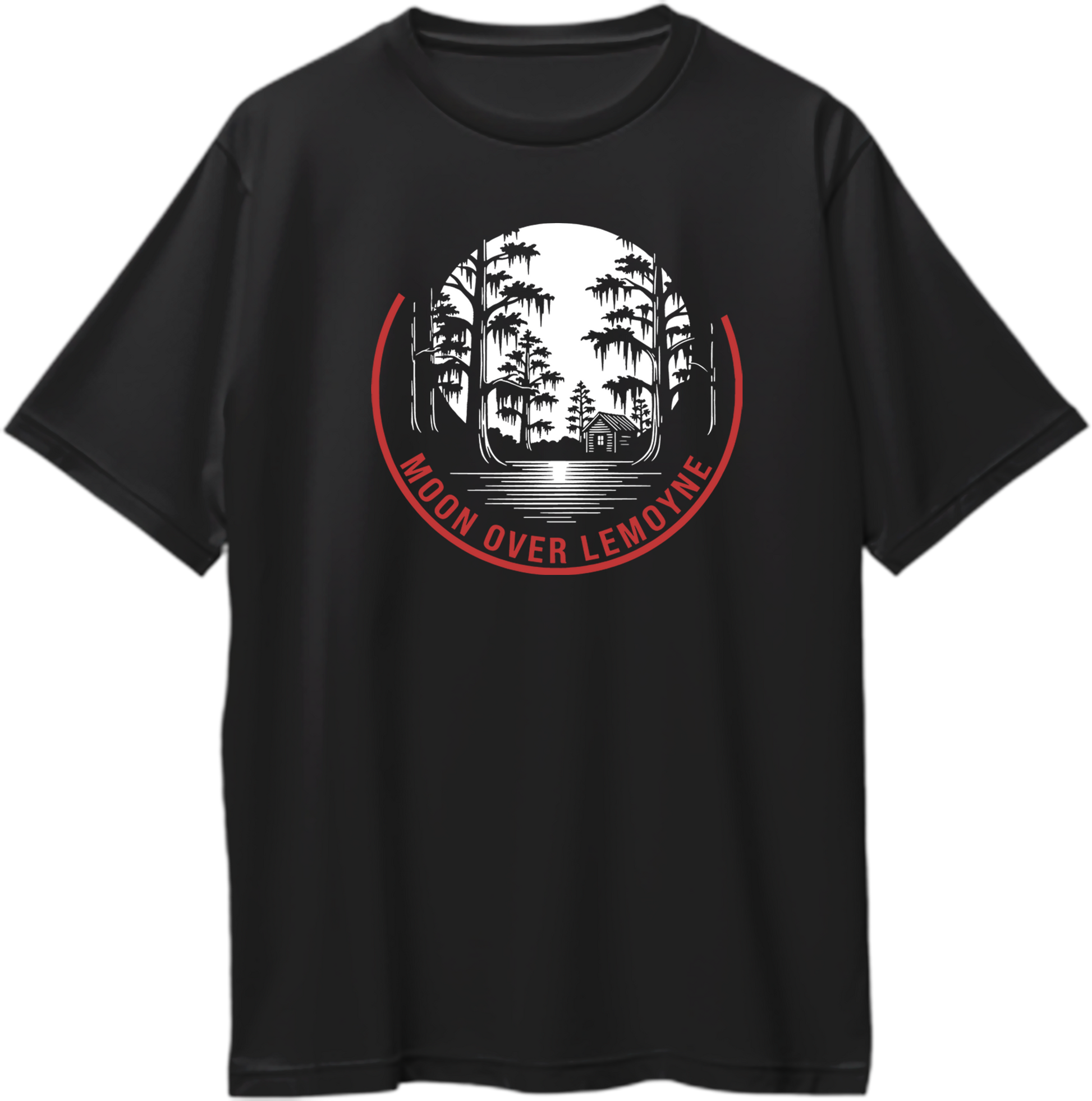 Black oversized cotton t-shirt with moonlight swamp design and text “Moon Over Lemoyne,” inspired by Red Dead Redemption 2 – Garrari Brand.