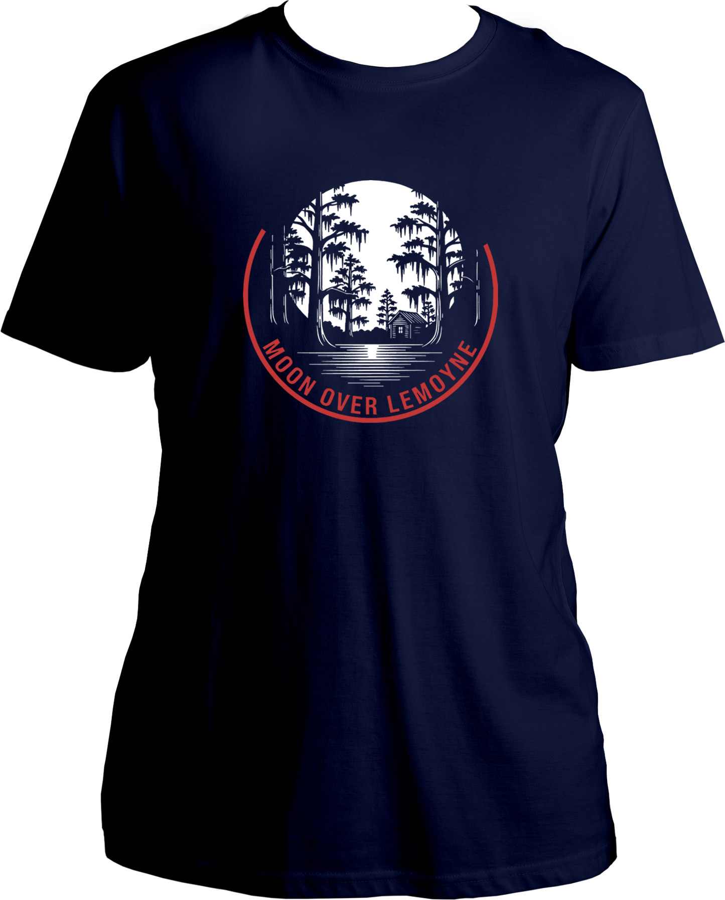 Navy Blue t-shirt with moonlight swamp and cabin artwork, featuring text “Moon Over Lemoyne,” inspired by Red Dead Redemption 2 – Garrari Brand.
