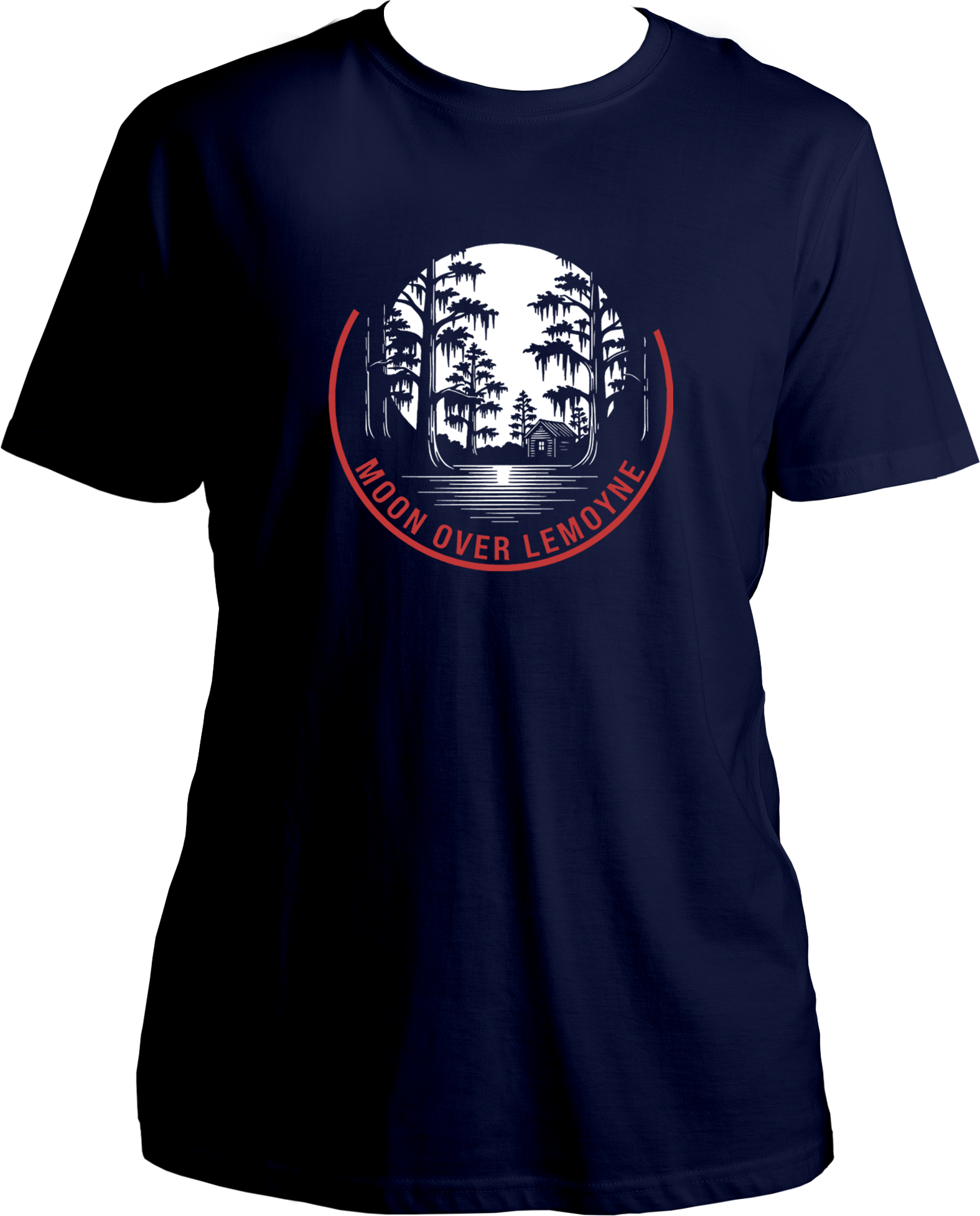 Navy Blue t-shirt with moonlight swamp and cabin artwork, featuring text “Moon Over Lemoyne,” inspired by Red Dead Redemption 2 – Garrari Brand.