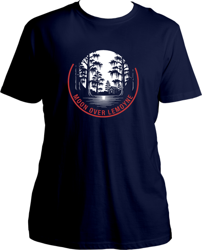 Navy Blue t-shirt with moonlight swamp and cabin artwork, featuring text “Moon Over Lemoyne,” inspired by Red Dead Redemption 2 – Garrari Brand.