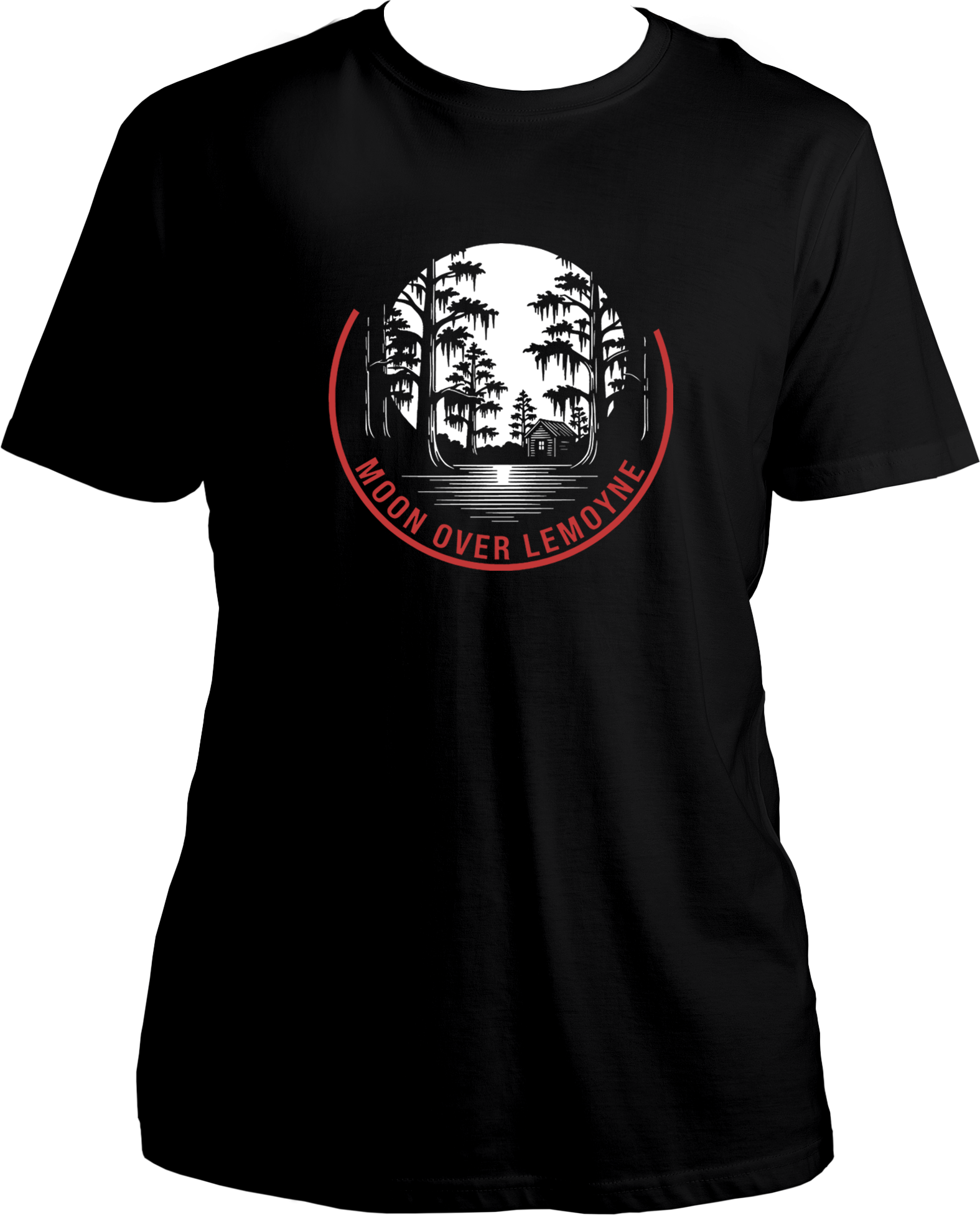 Black t-shirt with moonlight swamp and cabin artwork, featuring text “Moon Over Lemoyne,” inspired by Red Dead Redemption 2 – Garrari Brand.