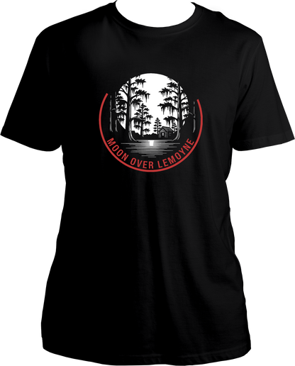 Black t-shirt with moonlight swamp and cabin artwork, featuring text “Moon Over Lemoyne,” inspired by Red Dead Redemption 2 – Garrari Brand.