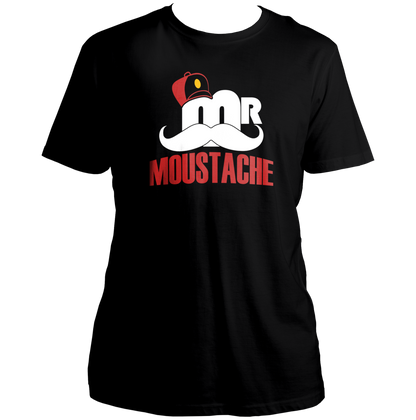 Black Mr. Moustache Unisex T-Shirt with bold moustache print and cap graphic by Garrari