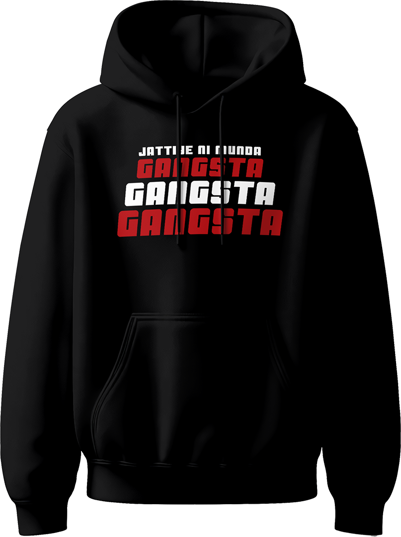 Munda Gangsta Karan Aujla hoodie inspired by the hit song GANGSTA, featuring bold typography and iconic lyrics for Punjabi music fans.