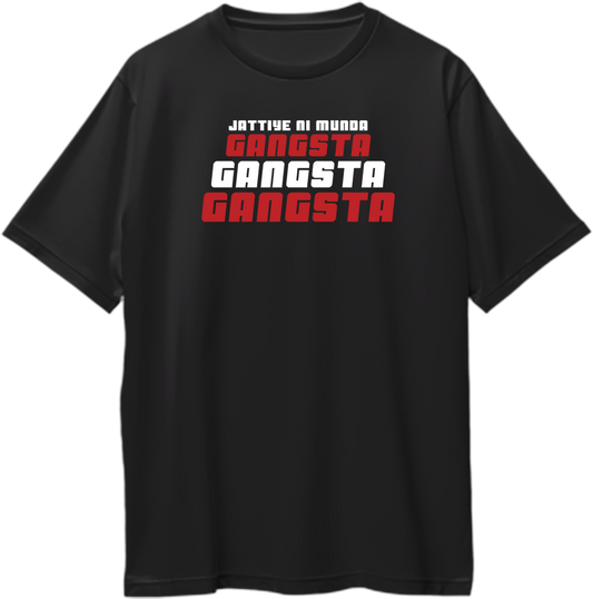 Oversized unisex Munda Gangsta T-Shirt featuring bold Punjabi lyrics inspired by Karan Aujla’s track Gangsta.
