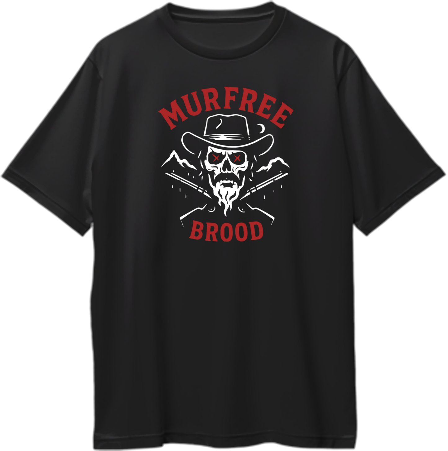 Black oversized cotton t-shirt featuring skull outlaw design and red text “Murfree Brood,” inspired by Red Dead Redemption 2 – Garrari Brand.