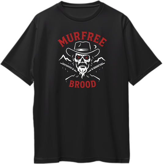 Black oversized cotton t-shirt featuring skull outlaw design and red text “Murfree Brood,” inspired by Red Dead Redemption 2 – Garrari Brand.