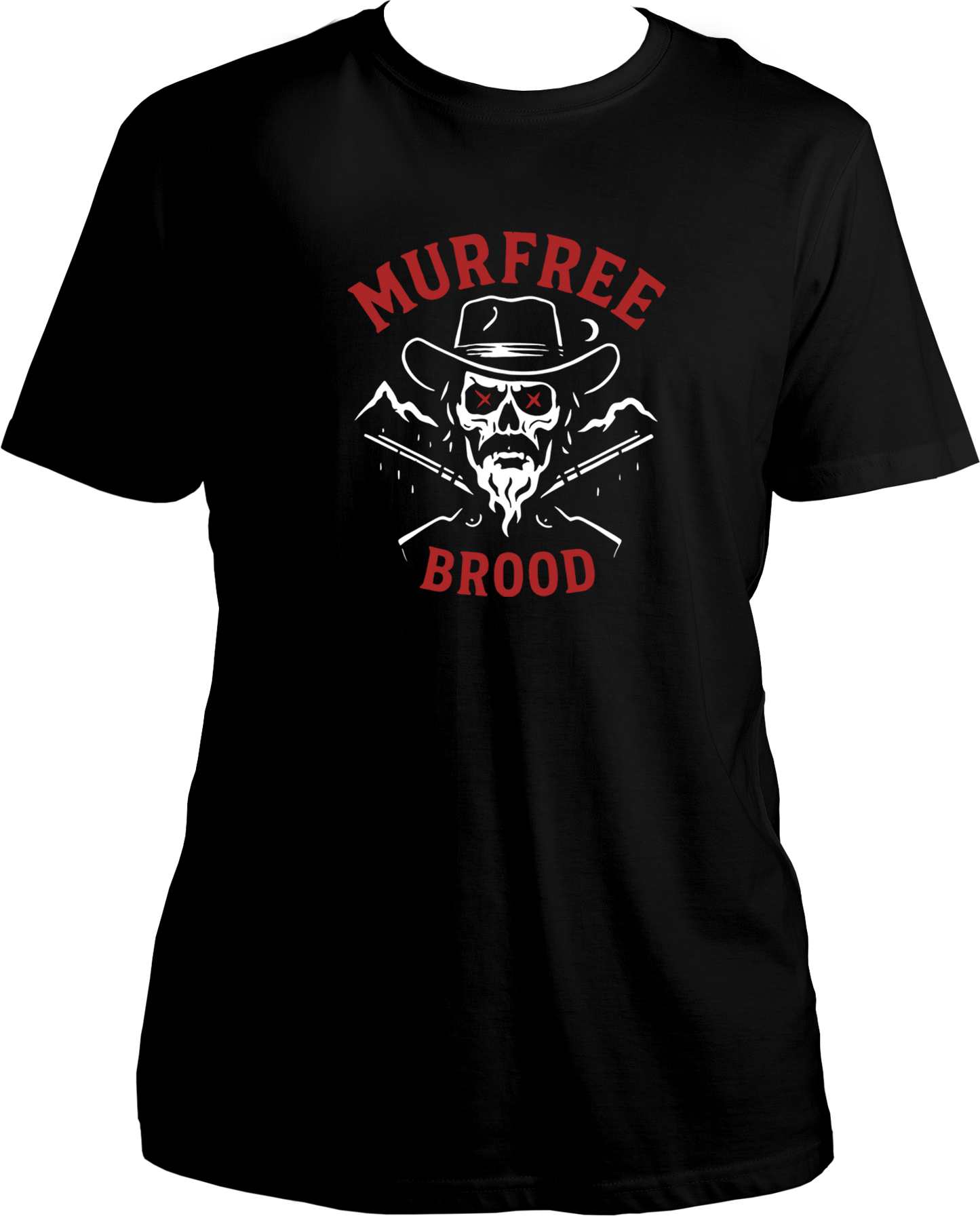 unisex regular-fit t-shirt with skull outlaw and red text “Murfree Brood,” inspired by Red Dead Redemption 2 – Garrari Brand.