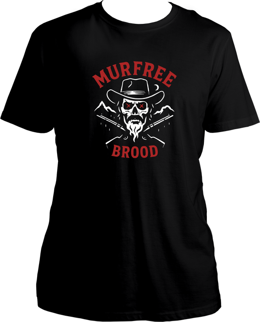 unisex regular-fit t-shirt with skull outlaw and red text “Murfree Brood,” inspired by Red Dead Redemption 2 – Garrari Brand.
