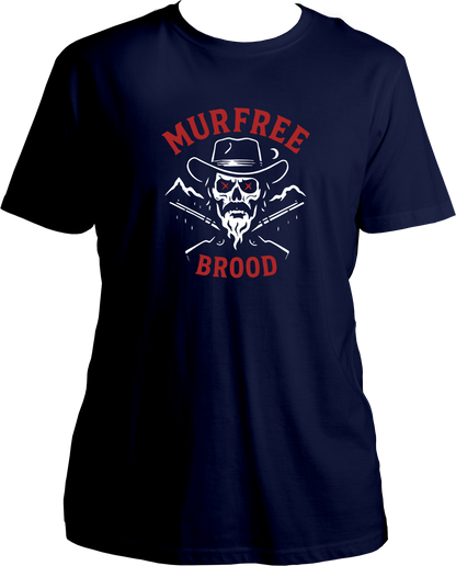 unisex regular-fit t-shirt with skull outlaw and red text “Murfree Brood,” inspired by Red Dead Redemption 2 – Garrari Brand.