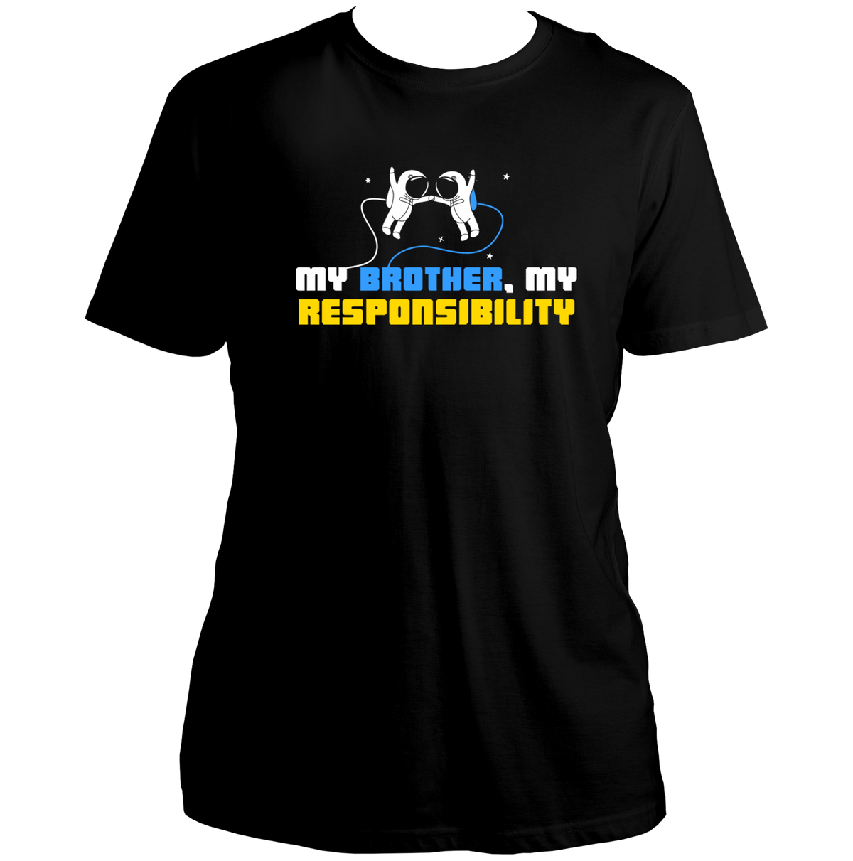 Black My Brother My Responsibility Unisex T-Shirt by Garrari with colorful astronaut graphic and sibling responsibility statement