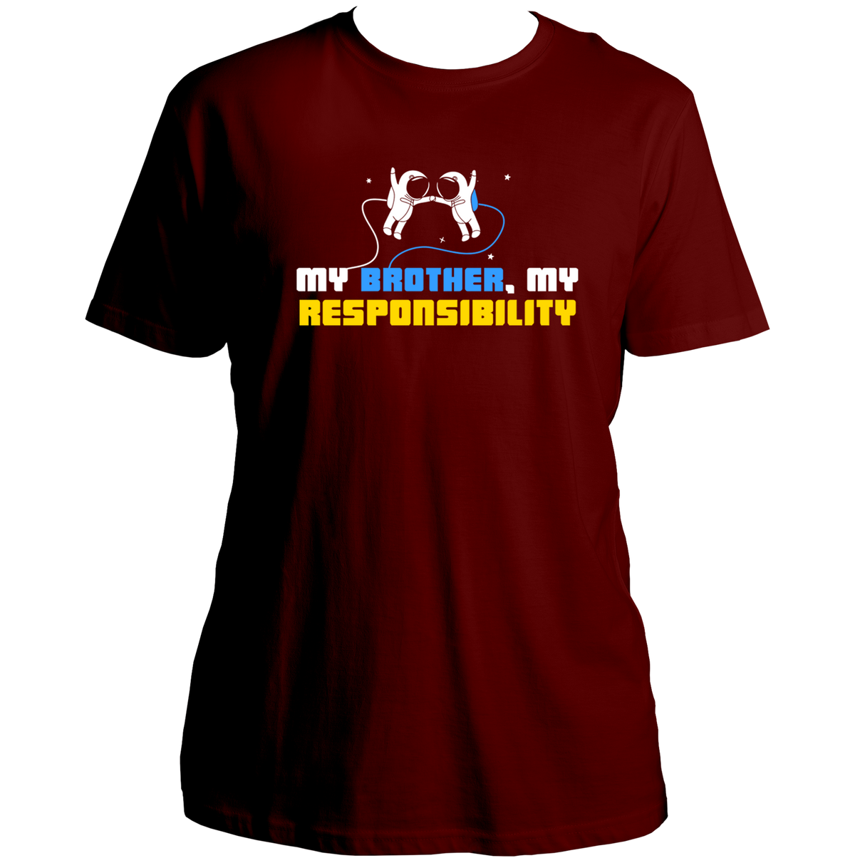 Maroon My Brother My Responsibility Unisex T-Shirt by Garrari with astronaut sibling graphic and blue yellow white typography