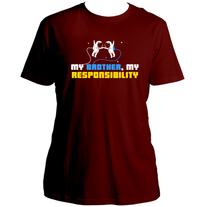 Maroon My Brother My Responsibility Unisex T-Shirt by Garrari with astronaut sibling graphic and blue yellow white typography