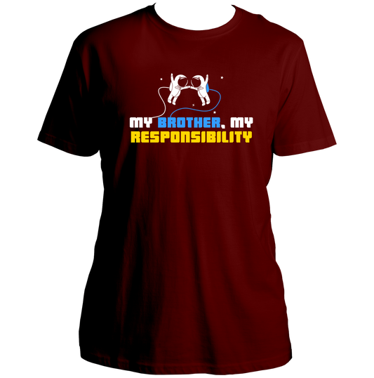 Maroon My Brother My Responsibility Unisex T-Shirt by Garrari with astronaut sibling graphic and blue yellow white typography