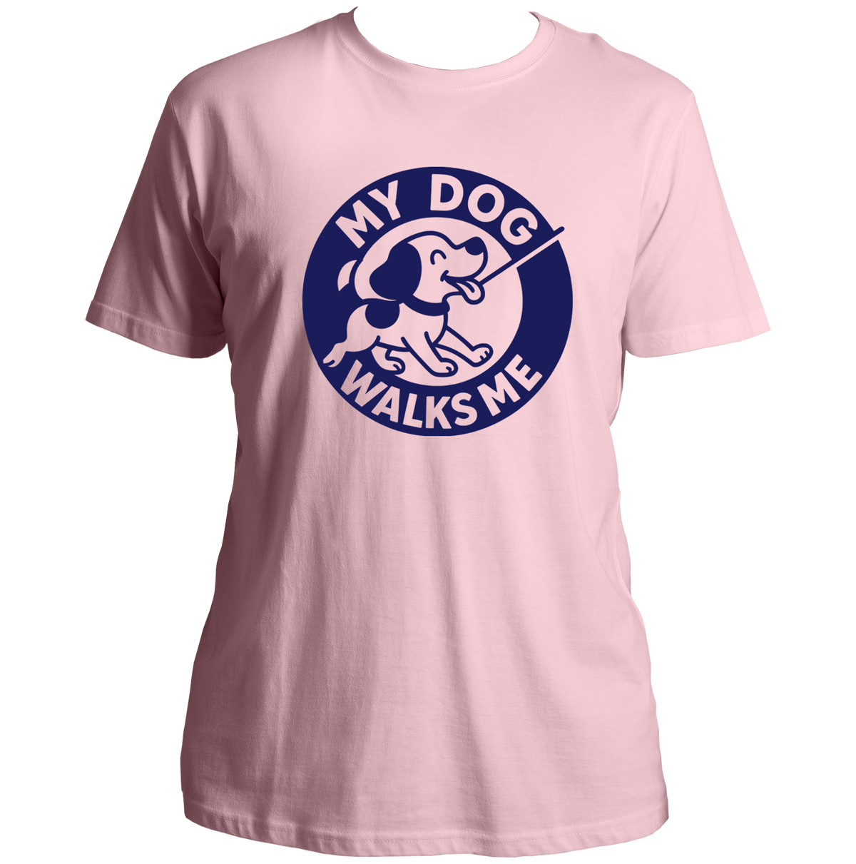 Baby Pink My Dog Walks Me Unisex T-Shirt by Garrari with blue dog walking graphic