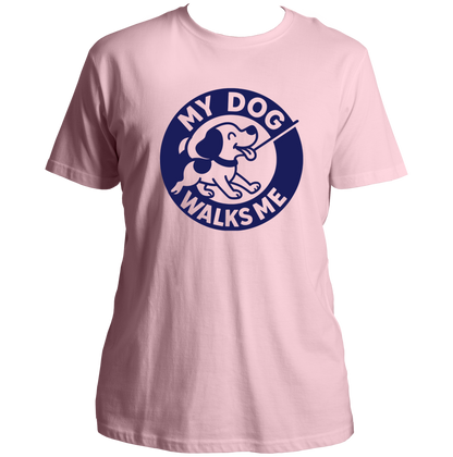 Baby Pink My Dog Walks Me Unisex T-Shirt by Garrari with blue dog walking graphic