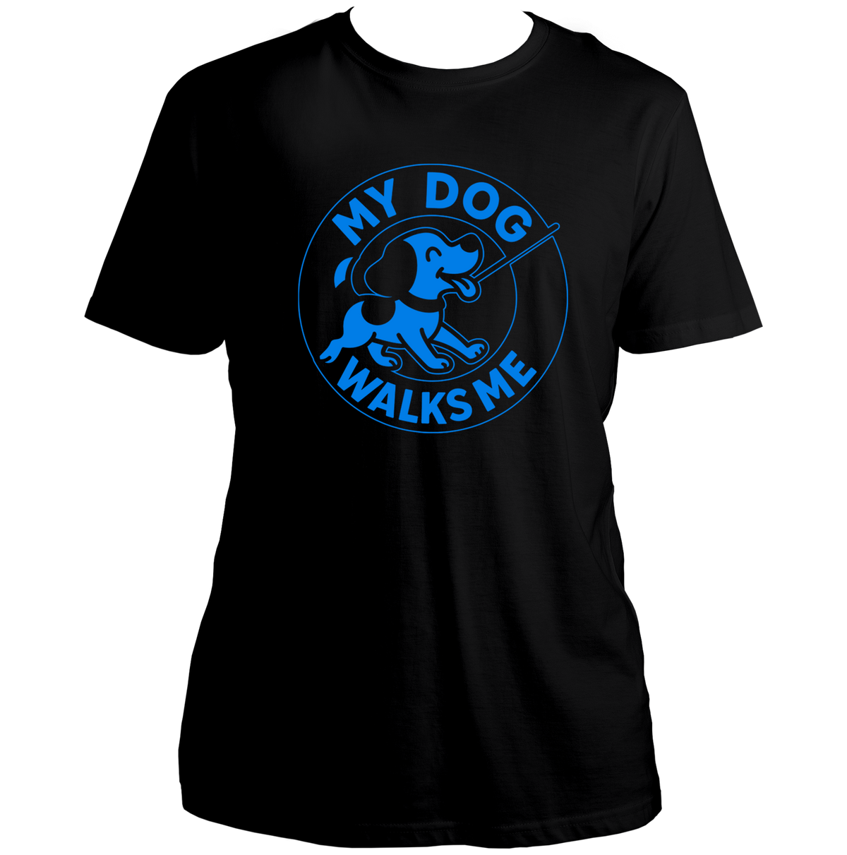Black My Dog Walks Me Unisex T-Shirt by Garrari with blue dog walking graphic