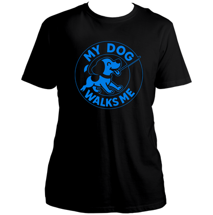 Black My Dog Walks Me Unisex T-Shirt by Garrari with blue dog walking graphic