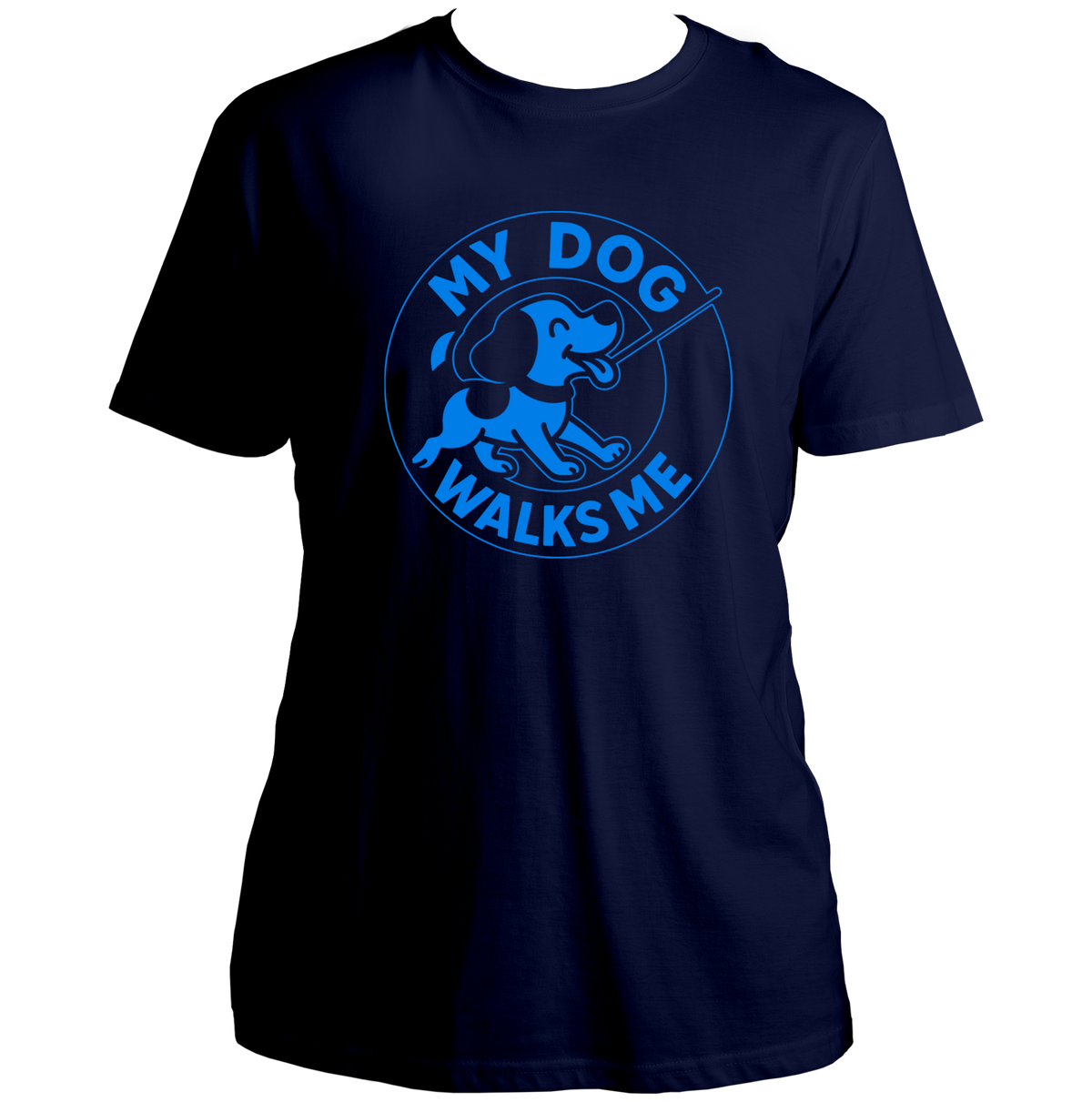 Navy Blue My Dog Walks Me Unisex T-Shirt by Garrari with blue dog walking graphic