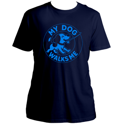 Navy Blue My Dog Walks Me Unisex T-Shirt by Garrari with blue dog walking graphic
