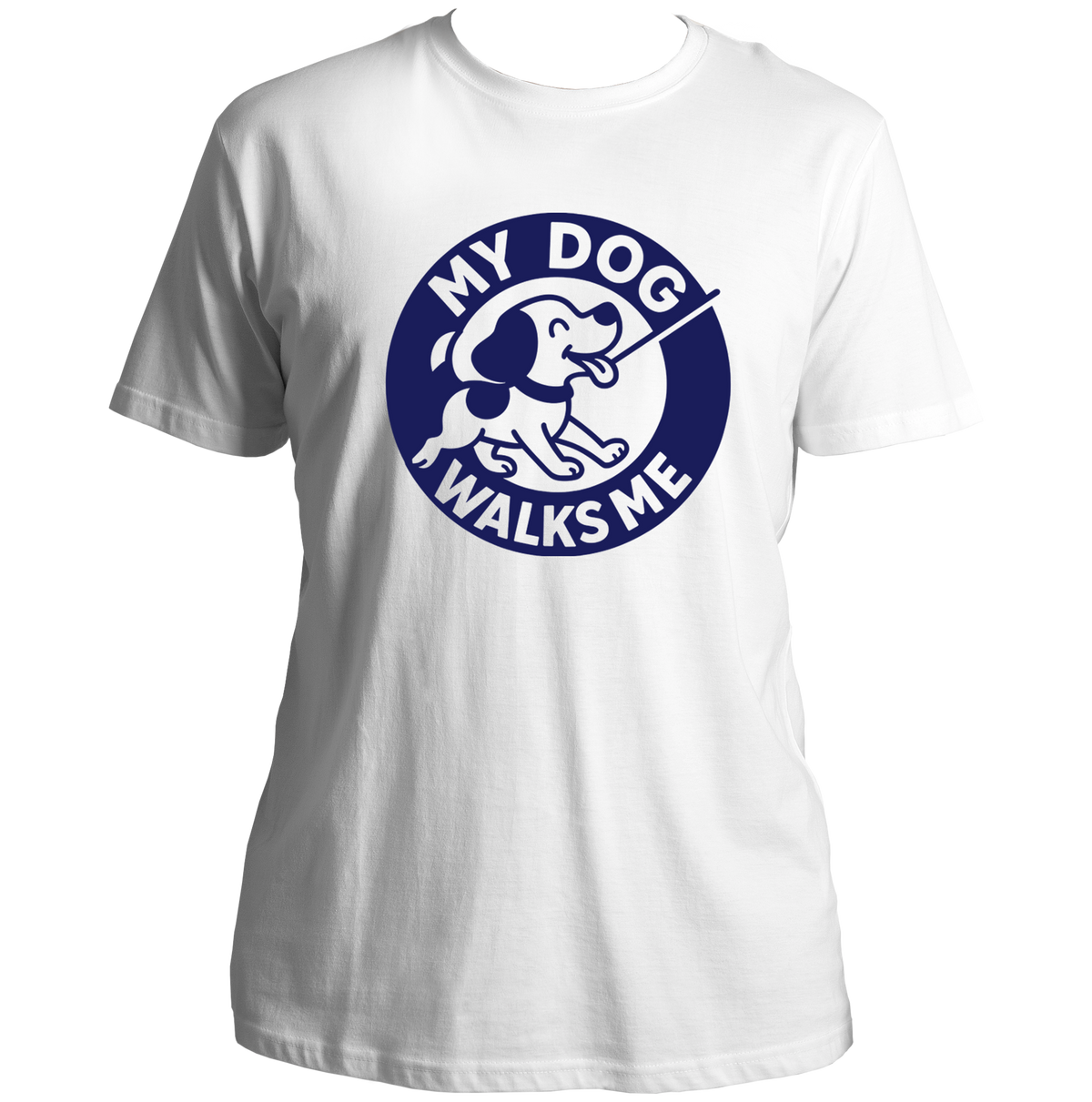 White My Dog Walks Me Unisex T-Shirt by Garrari with blue dog walking graphic