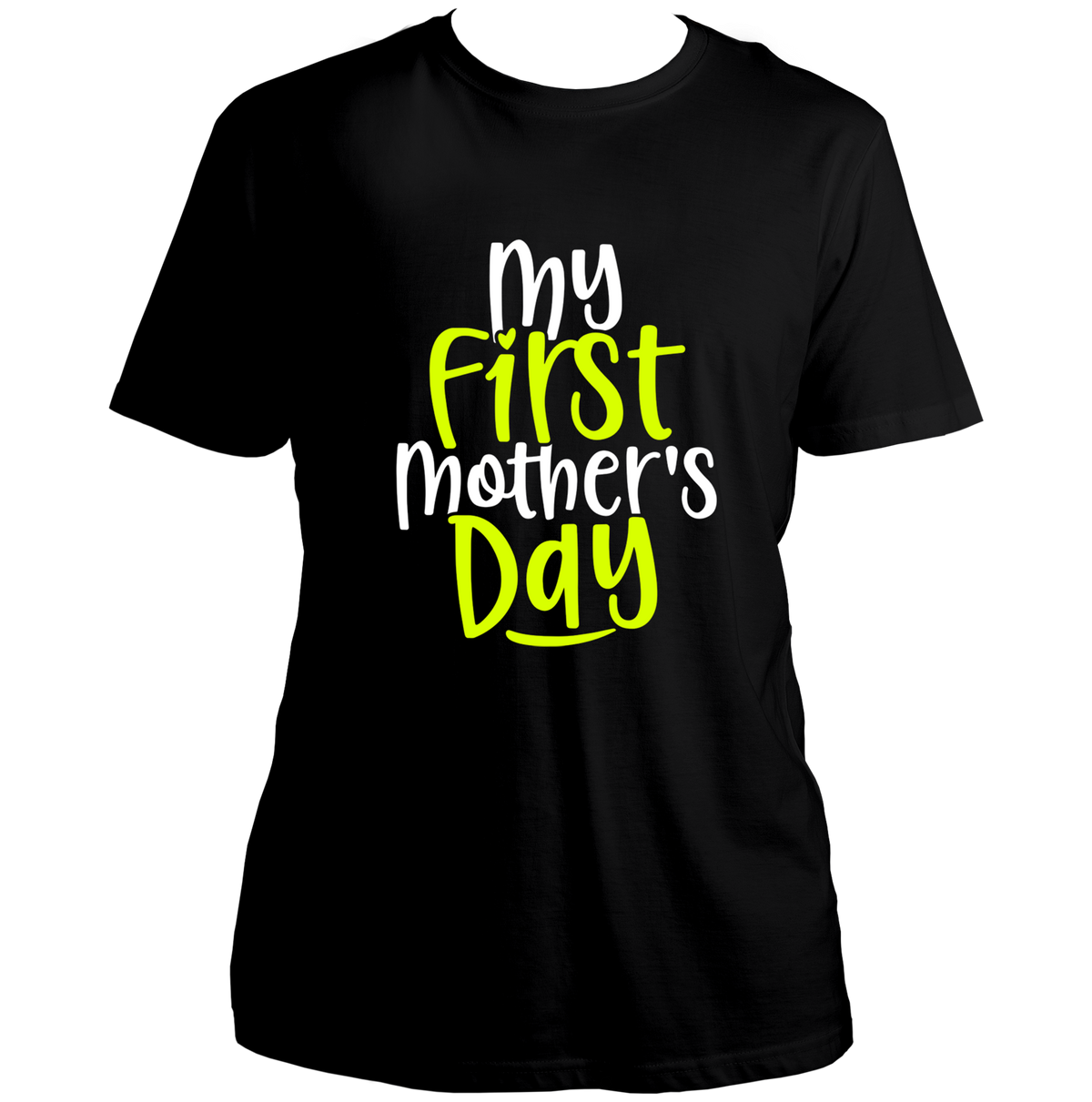 Black My First Mother’s Day Unisex T-Shirt by Garrari with contrast first Mother’s Day statement graphic