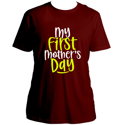 Maroon My First Mother’s Day Unisex T-Shirt by Garrari with new mother milestone typography