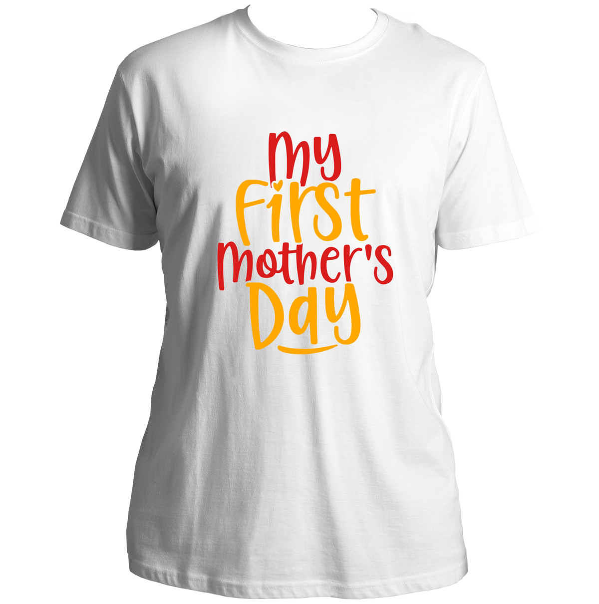 White My First Mother’s Day Unisex T-Shirt by Garrari with red and orange new mom typography print