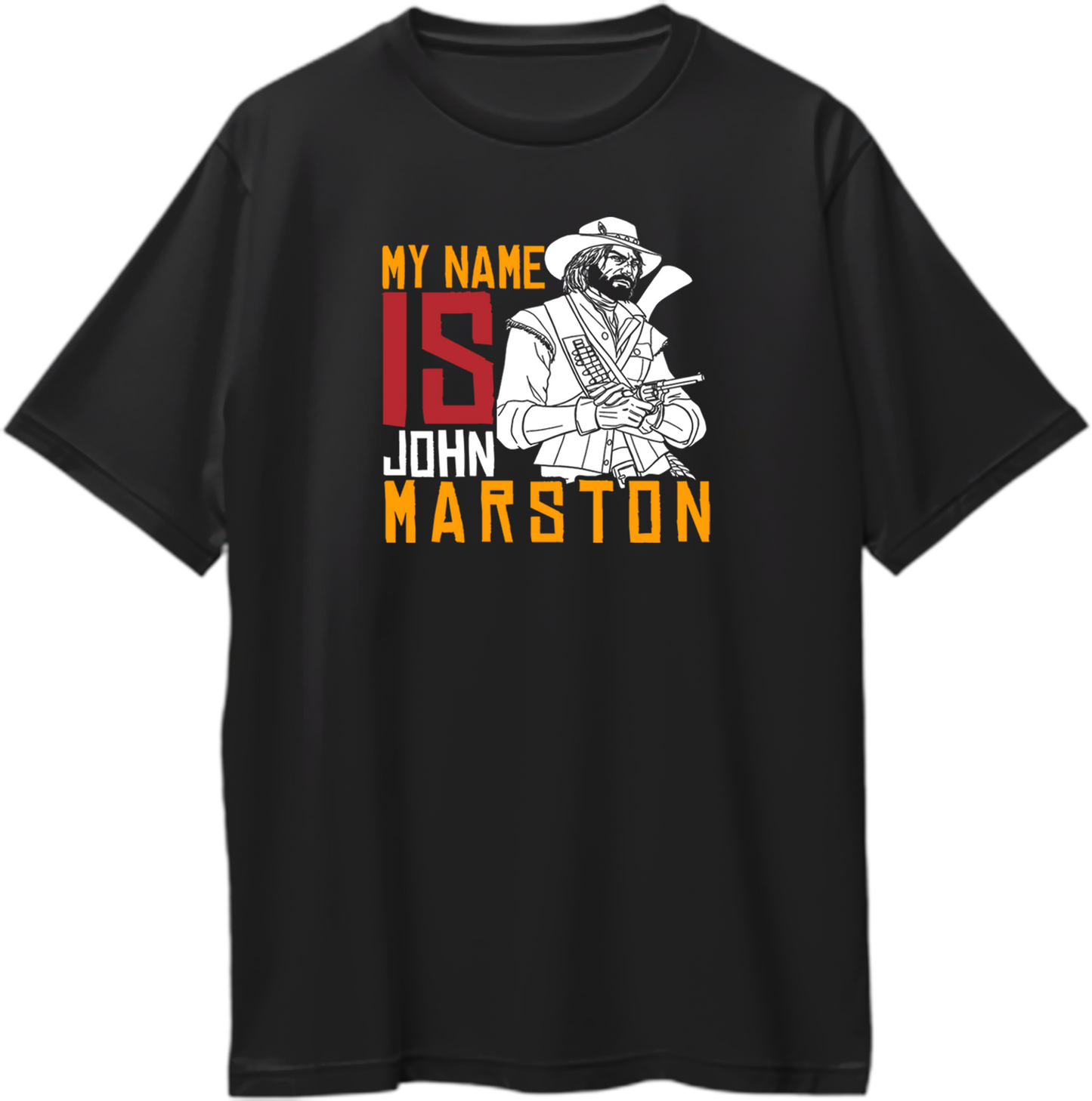 Black oversized T-shirt with John Marston illustration and bold text “My Name Is John Marston” inspired by Red Dead Redemption — Garrari.
