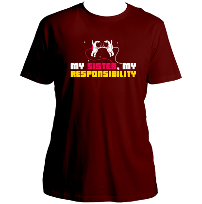 Maroon My Sister My Responsibility Unisex T-Shirt by Garrari with astronaut sibling artwork and contrast statement typography