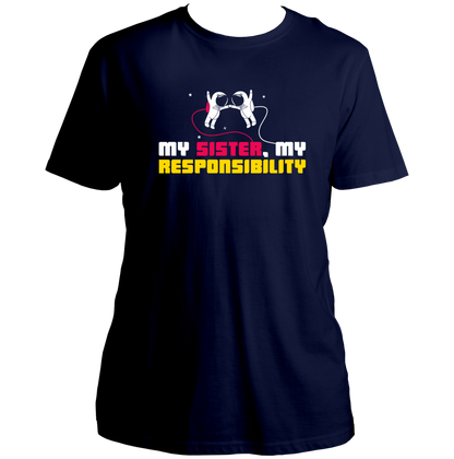 Navy Blue My Sister My Responsibility Unisex T-Shirt by Garrari with astronaut sibling graphic and pink yellow white typography