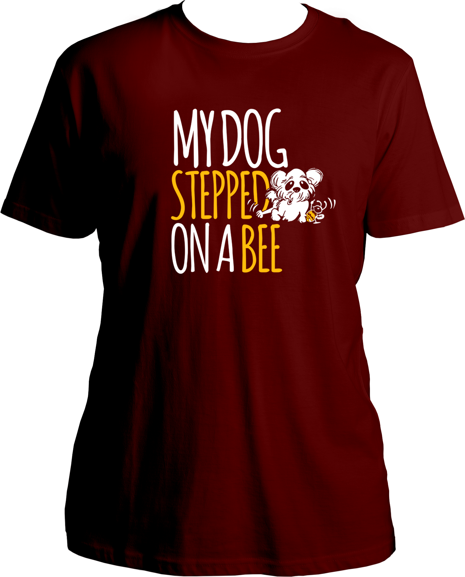 My Dog Stepped On A Bee Unisex T-Shirt with white and yellow dog & bee graphic print – funny dog lover streetwear.