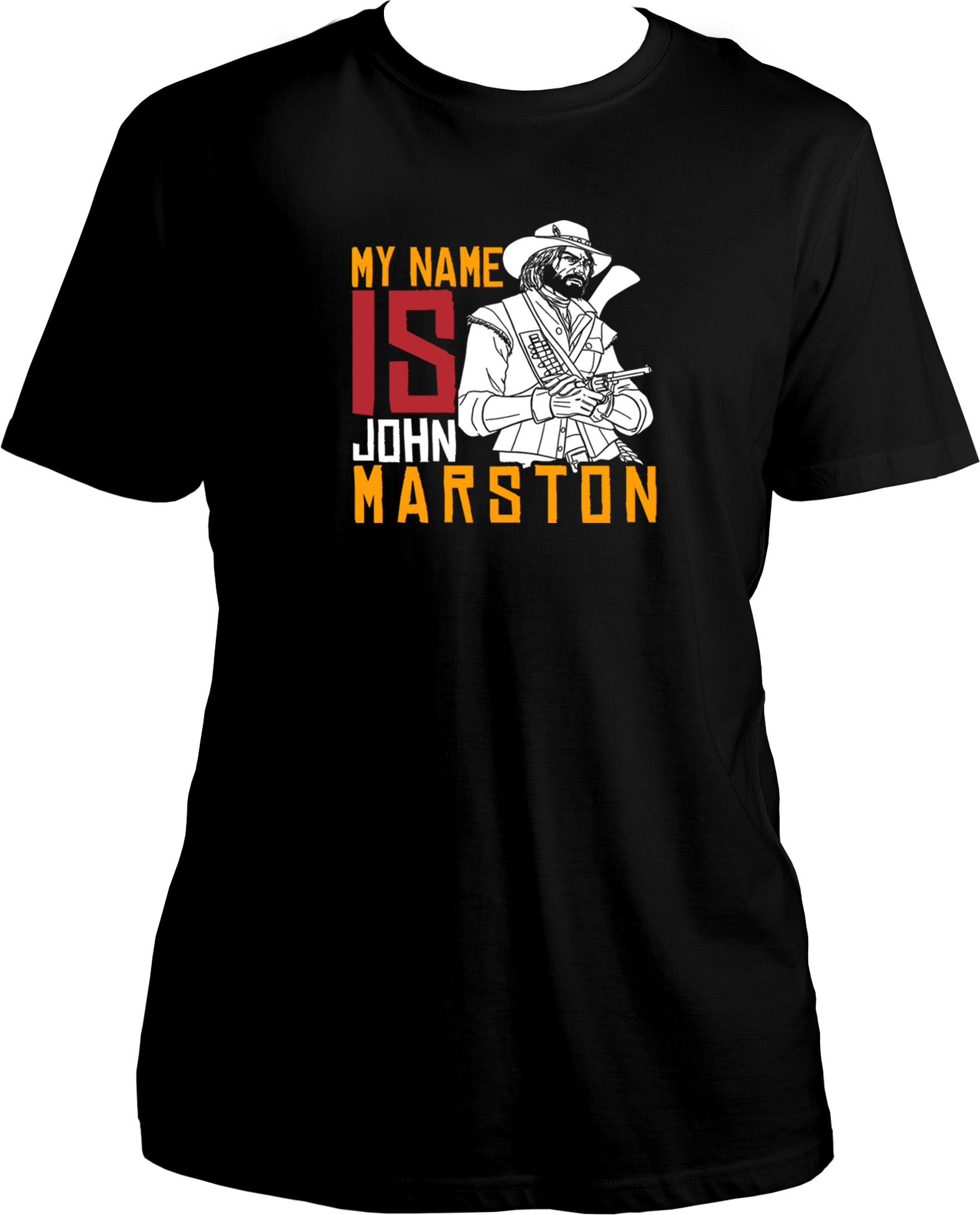 unisex t-shirt featuring John Marston illustration with text “My Name Is John Marston” inspired by Red Dead Redemption 2 – Garrari Brand.
