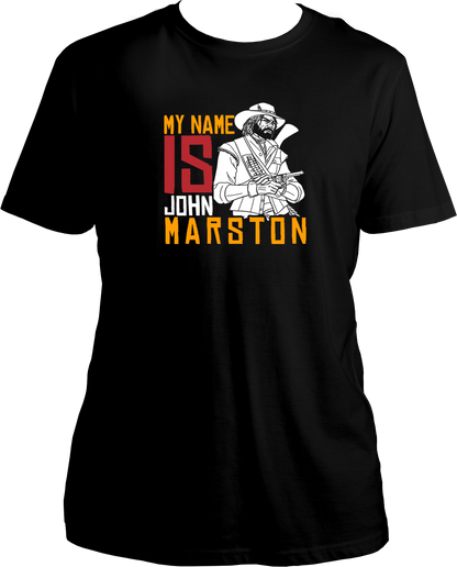 unisex t-shirt featuring John Marston illustration with text “My Name Is John Marston” inspired by Red Dead Redemption 2 – Garrari Brand.