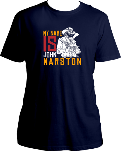 unisex t-shirt featuring John Marston illustration with text “My Name Is John Marston” inspired by Red Dead Redemption 2 – Garrari Brand.