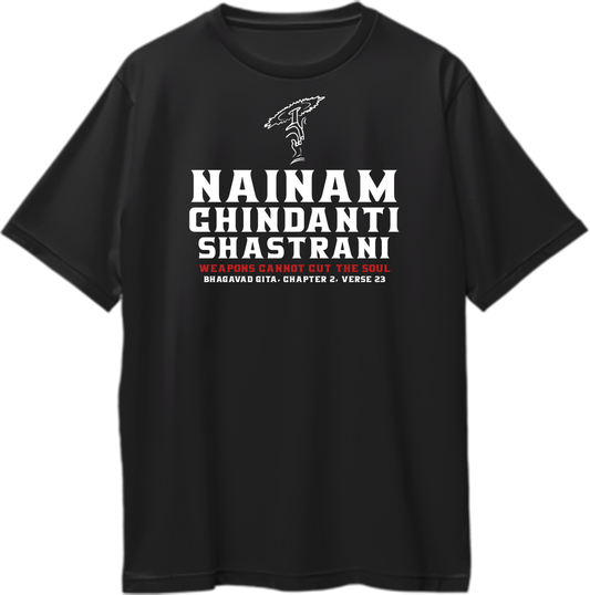 Nainam Chindanti Shastrani oversized unisex t-shirt with Bhagavad Gita verse about the soul’s immortality, perfect for Krishna devotees and Bhagavad Gita lovers.